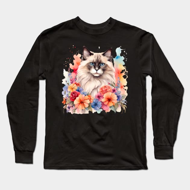 A ragdoll cat decorated with beautiful watercolor flowers Long Sleeve T-Shirt by CreativeSparkzz